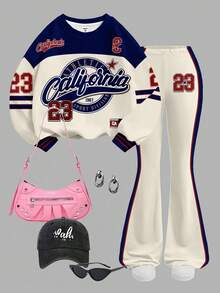 SHEIN Leap Crew 复古美式学院风运动套装，数字23印花，青少年女孩休闲宽松圆领长袖卫衣和喇叭裤两件套，返校季，2000年代风格，Y2K，韩版风格，秋季服装，返校节 - 彩色 - 查看 2