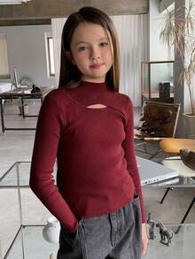 Hapijoa 女童镂空圆领毛衣 - 紅色 - 查看 1