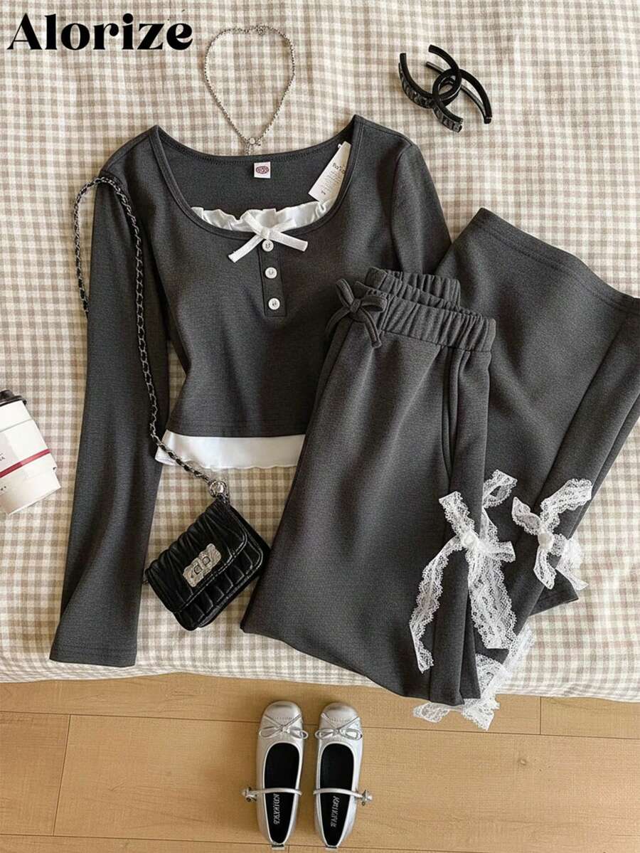 灰色蕾丝T恤和灰色蝴蝶结休闲裤 - 深灰色 - 查看 1