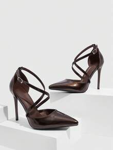 CUCCOO SZL Giày cao gót mũi nhọn đính ngọc trai màu cà phê dành cho nữ, giày hở mũi, đi làm, hẹn hò, tiệc tùng, đám cưới - Cà phê nâu - Xem 4