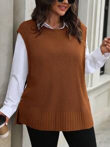 SHEIN LUNE Plus Size Casual Solid Color Ribbed Knit Crew Neck Sweater Vest, Autumn - Burnt Orange - View 4