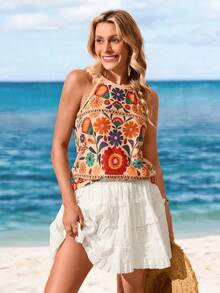 Sylviya Women's Vintage Floral Print Crew Neck Tank Top, Suitable For Summer - Multicolor - View 3