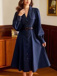 Vintamour Robe vintage classique élégante pour femme, robe à col rabattu ajustée avec poches utilitaires, manches longues, bleue