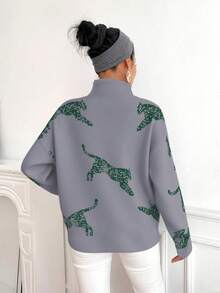 SHEIN LUNE 女士时尚休闲图案立领落肩长袖毛衣 - 灰色 - 查看 2
