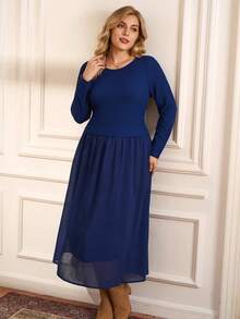 Rosumi Plus Size Solid Color Long Sleeve Casual Dress,Autumn Women Elegant Formal Navy Blue Party Dresses For New Year Christmas Winter Clothing Collection - Blue - View 5