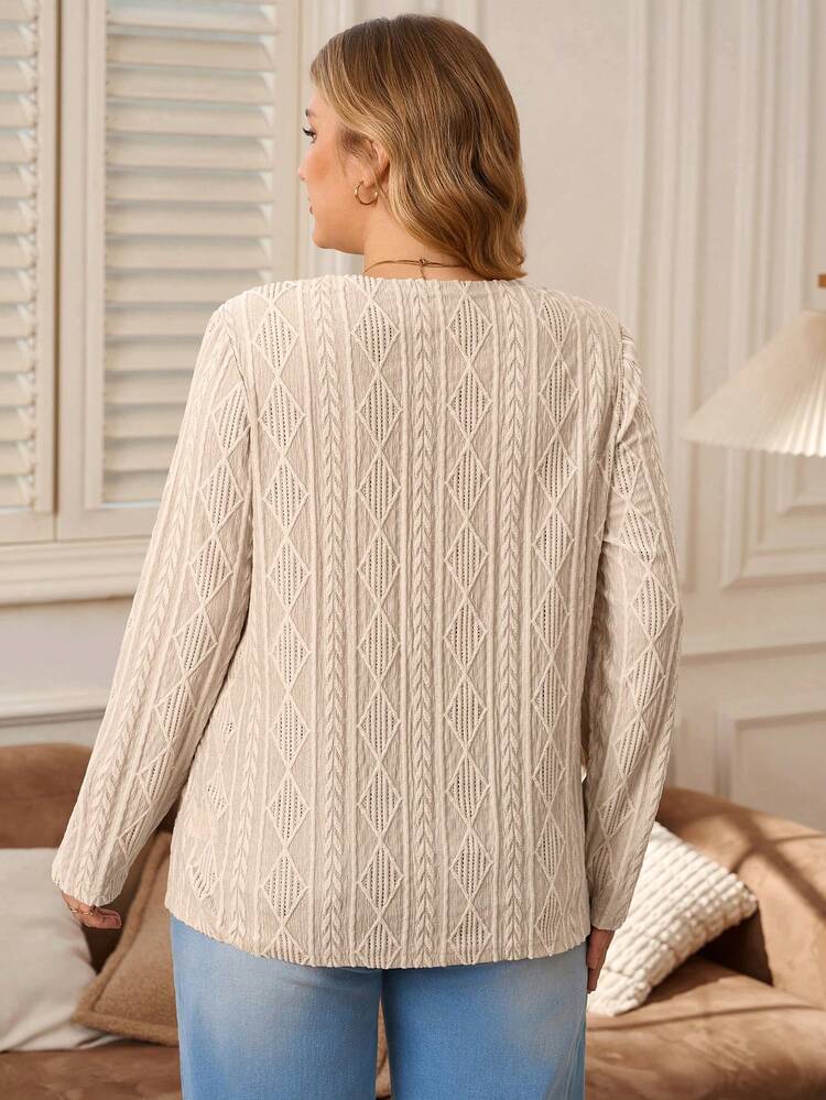 Plus Size Solid Color Textured Long Sleeve T-Shirt, Casual Autumn New Year Look Maija Fall Winter 2025 Fall/Winter Party Elegant Dress Women Elegant Dress Women  Stylish Clothing Collection Elegant Party Clothes For New Year Christmas Clothes For Women  Winter Clothes For Women
