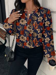 EMERY ROSE Áo sơ mi tay dài in hoa phong cách cổ điển cỡ lớn - Màu xanh hải quân - Xem 5