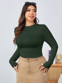 Solflare Camiseta de punto ajustada de talla grande, verde oliva - Verde Oscuro - Ver 4