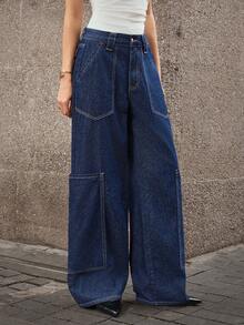 SHEIN LUNE Vintage Fashionable Elegant Pocket Solid Color Washed Straight Leg Jeans - Dark Wash - View 2