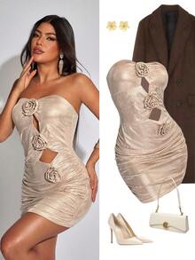 CHARMVALE Women's 3D Floral Embellished Short Party Dress - Khaki - View 7