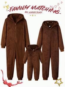 女士米色毛绒趣味动物眼睛和鼻子刺绣连帽连体衣，冬季 - 咖啡棕 - 查看 6