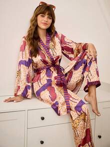 Chillnights Fashionable Casual Colorful Leopard Print & Striped Patchwork Long Sleeve Robe & Pants 2 Pieces Pajama Set For Women, Fall Winter Clothes - Blue - View 4