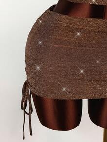 Amplova 女式性感金属闪光垂坠领露背前系带上衣和抽绳褶饰迷你裙 2 件套，时尚派对装 - 棕色 - 查看 8