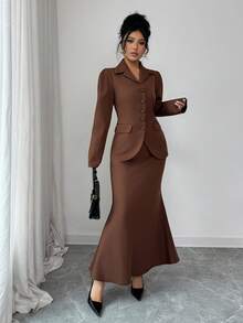 Selianne Completo da donna con design senza schienale e lacci, colore unito, adatto per autunno/inverno - Caffè Marrone - Visualizzare 3