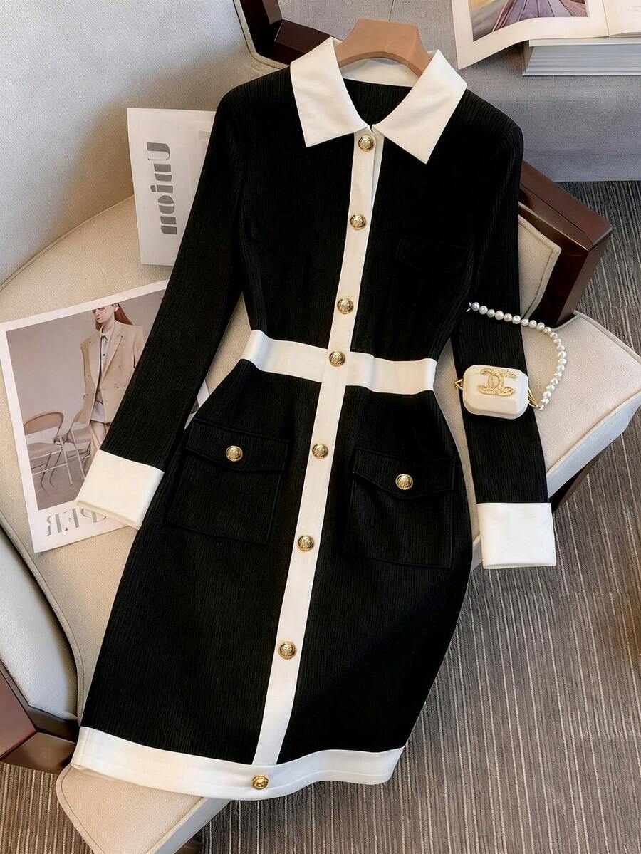 GlowEve 时尚新款优雅女式针织修身纽扣装饰前开撞色长袖中长连衣裙