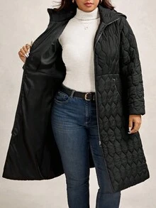 Zelara 大码女式纯色长袖拉链领休闲绗缝连帽冬装外套黑色上衣 - 黑色 - 查看 4