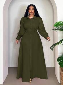 Veslaya 優雅軍綠色女款大尺碼 Najma 秋季洋裝，燈籠袖長版生日禮服，橄欖綠秋冬新款服飾 - 軍綠色 - 查看 9