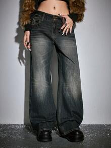 ROMWE J-Fashion Autumn/Winter New Chinese Style Tiger Head Geisha Figure English Embroidery Super Low Waist Retro Women Jeans