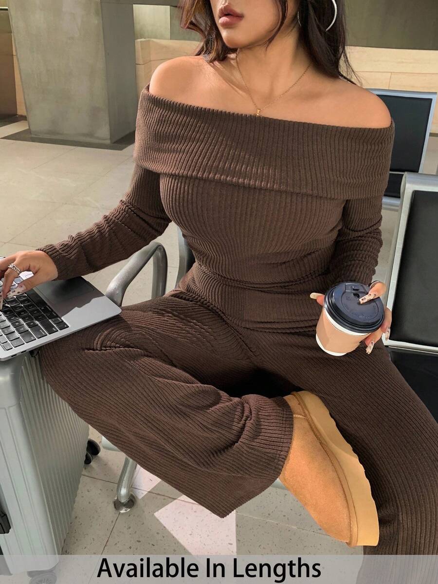 SHEIN PETITE CURVE Plus Size Casual & Homewear Minimalist Off-Shoulder Ribbed 2 Pieces Set - Brown - View 1