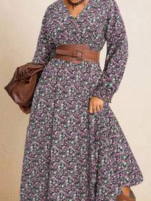 Freevana 大码秋季服装全印花褶皱豹纹长袖连衣裙/秋季连衣裙/秋季女装秋季婚礼宾客连衣裙优雅女士连衣裙商务休闲女士工作连衣裙商务连衣裙 - 中紫紅色 - 查看 7