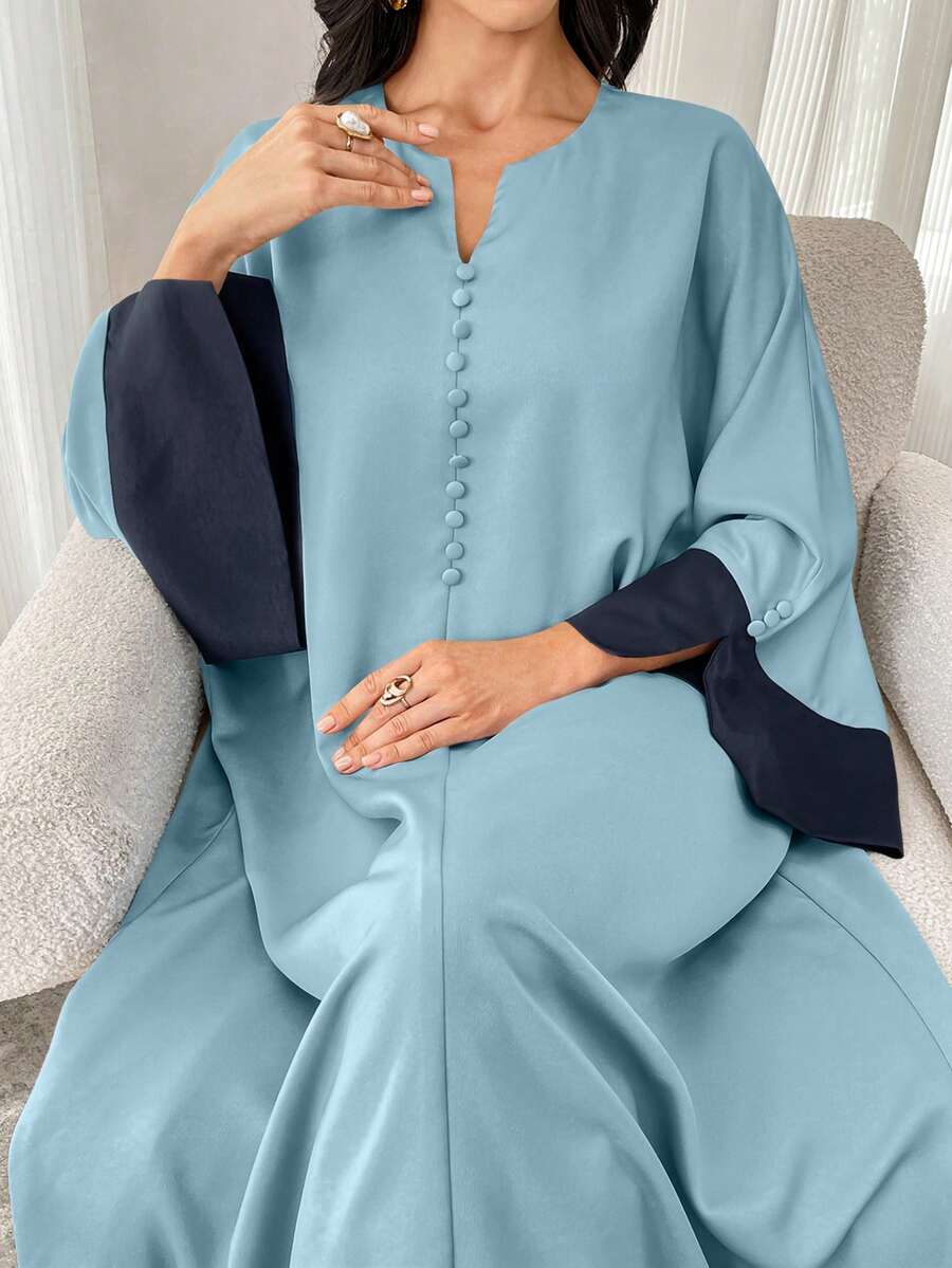 Al Najma Váy Maxi Ả Rập tay loe cổ chữ V màu tương phản dành cho nữ, váy Maxi che phủ toàn bộ phong cách thanh lịch, kín đáo dành cho tiệc tùng hàng ngày/ngày lễ/buổi tối/khách dự tiệc cưới - Màu xanh lam - Xem 1