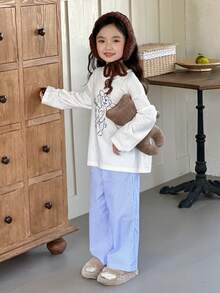 DAZY 2pcs Young Girl Girls Knit Printed Long Sleeve T-Shirt + Woven Striped Pants Loungewear Set, Fall - Blue - View 7