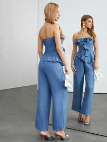 SHEIN Unity 2pcs Women's Fashion Elegant Asymmetrical Hem Ruffle Camisole And Pants Set - Blue - View 2