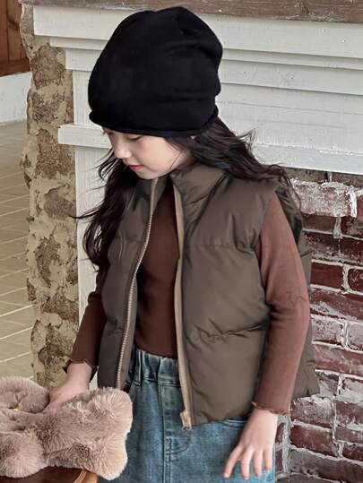 DAZY 年轻女孩冬季保暖休闲纯色拉链立领棉背心