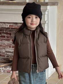 DAZY 年轻女孩冬季保暖休闲纯色拉链立领棉背心 - 棕色 - 查看 4