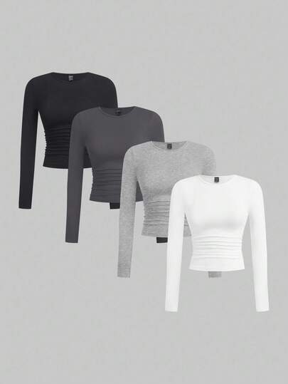 SHEIN EZwear 4pcs Women's Casual, Versatile, All-Match Solid Color Long Sleeve Tight Fit Knit T-Shirts, Suitable For Spring & Autumn Daily Wear Basics Tops Women 3 Packs Tops Tight Fitted Tops Long Sleeve Crop Tops Women Long Sleeve Tops,Fall,Fall Clothes For Women Women Long Sleeve Tops