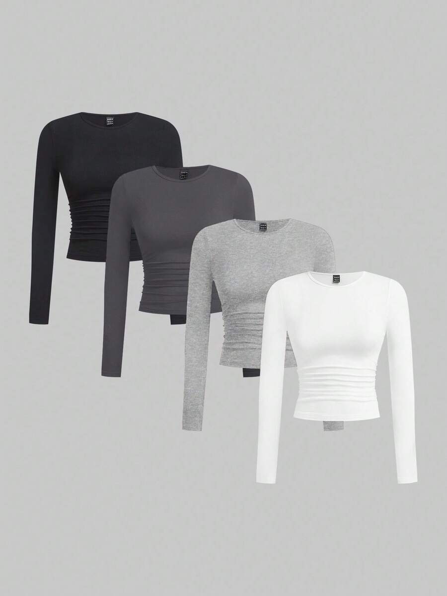 SHEIN EZwear 4pcs Women's Casual, Versatile, All-Match Solid Color Long Sleeve Tight Fit Knit T-Shirts, Suitable For Spring & Autumn Daily Wear Basics Tops Women 3 Packs Tops Tight Fitted Tops Long Sleeve Crop Tops Women Long Sleeve Tops,Fall,Fall Clothes For Women Women Long Sleeve Tops - Dark Grey - View 1
