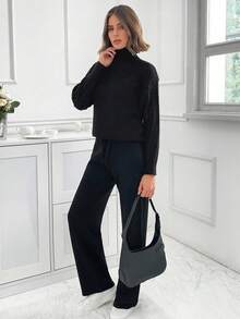 EURMUSE Turtleneck Drop Shoulder Sleeve tröja och byxor Set - Svart - Visa 3