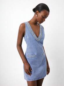 Maija 女士时尚通勤水钻装饰牛仔连衣裙 - 深色水洗藍 - 查看 4