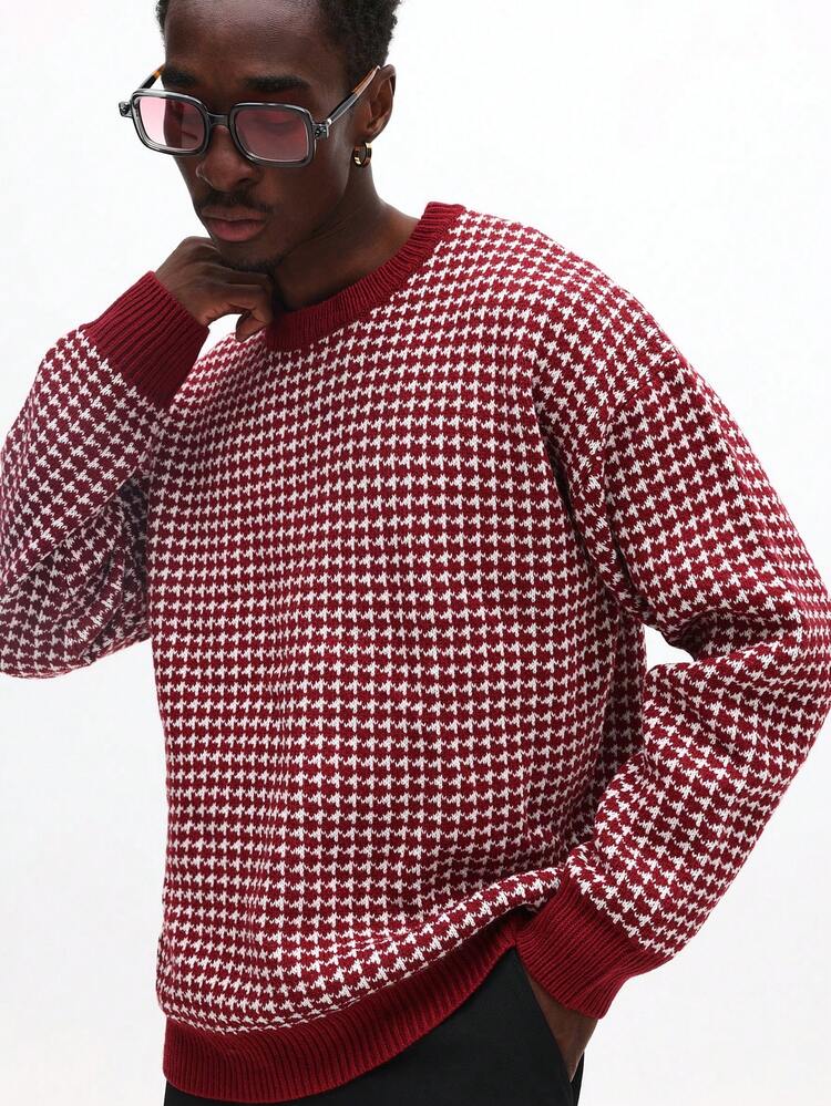 Houndstooth Knit Sweater With Ribbed Trim