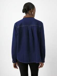 Maija Women's Plush Denim Coat, Contrasting Color Long-Sleeved Shirt, Casual Wear, Dark Blue Loose Denim Top, Thanksgiving