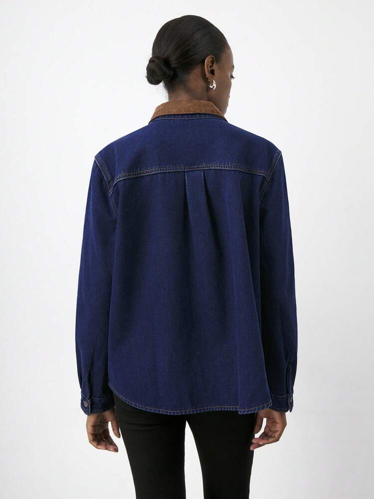 SHEIN Maija Women's Plush Denim Coat, Contrasting Color Long-Sleeved Shirt, Casual Wear, Dark Blue Loose Denim Top, Thanksgiving