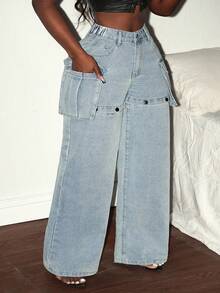 Slaydiva Plus Size Denim 2-In-1 Detachable Wide-Leg Pants,Fall Clothes For Women - Blue - View 3