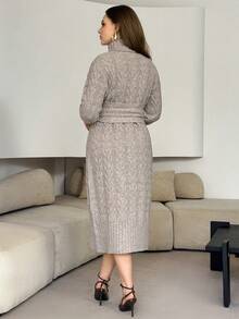 Modelyn Plus Size Women's High Neck Long Sleeve Casual Knit Sweater Dress - Khaki - View 2