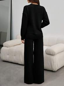 EURMUSE Women Round Neck Rib Knitted Sweater And Sweater Pant 2pcs Sets Co-Ord - Black - View 2