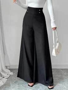 Firerie 女士简约优雅高腰修身黑色阔腿裤，适合工作、办公室工作服 - 黑色 - 查看 5