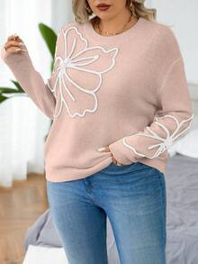 Calvaya Áo len chui đầu cổ tròn in họa tiết đồ họa cỡ lớn thường ngày - Hồng - Xem 3