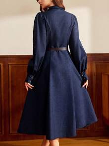 Vintamour Robe vintage classique élégante pour femme, robe à col rabattu ajustée avec poches utilitaires, manches longues, bleue