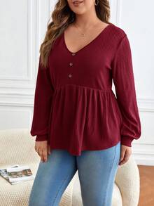 SHEIN Frenchy Áo thun nữ tay dài cổ chữ V hở vai, viền bèo nhún cỡ lớn - Màu Hoa hồng đỏ - Xem 5