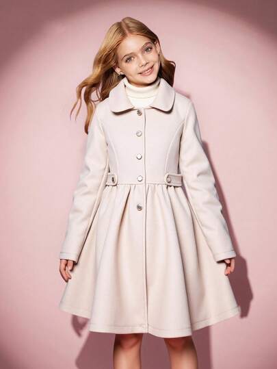 Tween Girls Single-Breasted Stylish Lapel Mid-Length Flared Overcoat Fall Winter