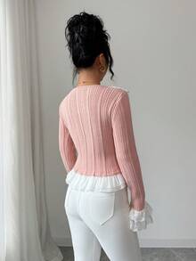 SHEIN Elenzya Women's Ruffled Lace Patchwork Knit Top - Pink - View 2