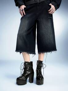 Sugerpunk 女式哥特式金属扣圆头厚底粗跟朋克靴，PU 黑色高跟靴，适合派对、日常穿着、晚礼服，增高修腿 - 黑色 - 查看 4