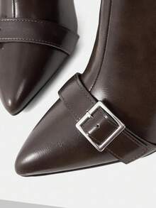 Mnmlis Women's Pointed Toe Knee-High Boots With Stiletto Heel, Zipper And Buckle Closure, Leather Upper - Brown - View 3
