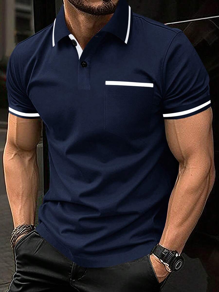 Manfinity Homme 男士對比色半開襟修身短袖休閒夏季 Polo 衫，正式 Polo 衫 - 寶藍色 - 查看 1