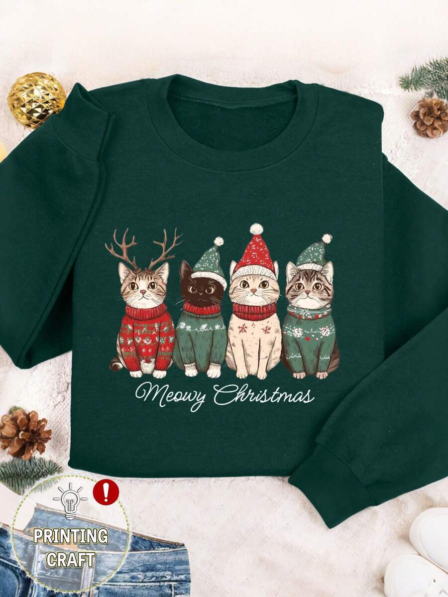 INAWLY 女式圣诞猫印花圆领套头衫 - 墨綠色 - 查看 1