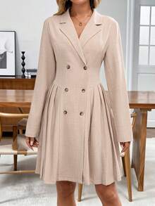 SHEIN LUNE Vestido midi de manga larga con cuello casual y unicolor minimalista para mujer - Caqui - Ver 5